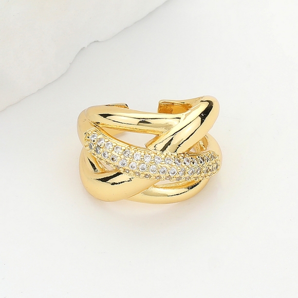 Gold CrissCross CZ Size 9 Twisted Metal Paved Crystal Ring Statement Jewelry - Picture 2 of 3